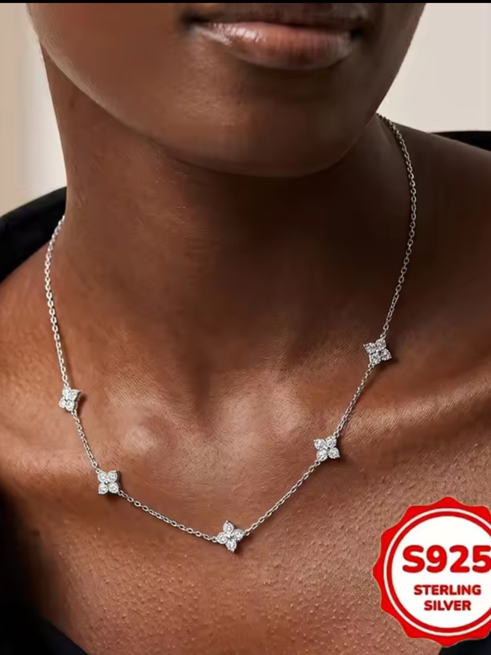 Sterling Silver Cubic Zirconia Floral Necklace, Silver Clover Necklace